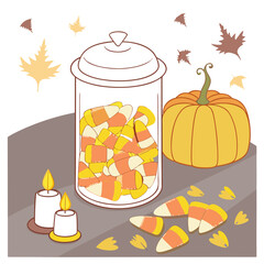 A festive halloween scene featuring a glass jar overflowing with colorful candy corn a bright orange pumpkin and two lit candles all surrounded by falling autumn leaves on a table