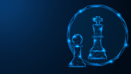 A pawn reflected in the mirror like a queen. Polygonal design of interconnected lines and dots. Blue background.