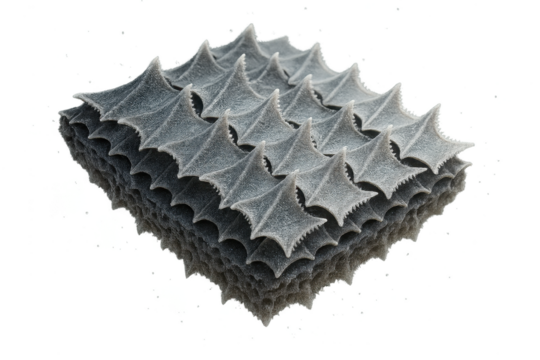 Grey plastic star-shaped elements, stacked on transparent background, macro