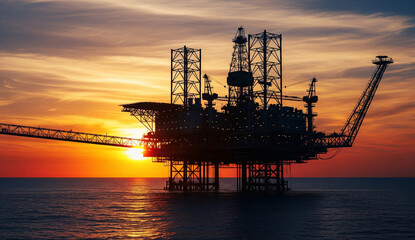 An offshore oil rig silhouette against a sunset