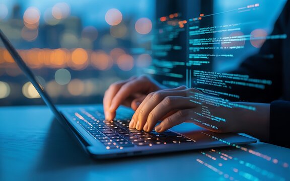 Coding expert types on a laptop keyboard, lines of program code overlay the developer's hands, creating digital data.