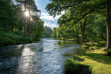 Obraz premium Sunlit River Scene Lush Green Trees Sunlight Riverbank Tranquil Nature Landscape Serene Summer Day Water Flowing Calm Peaceful