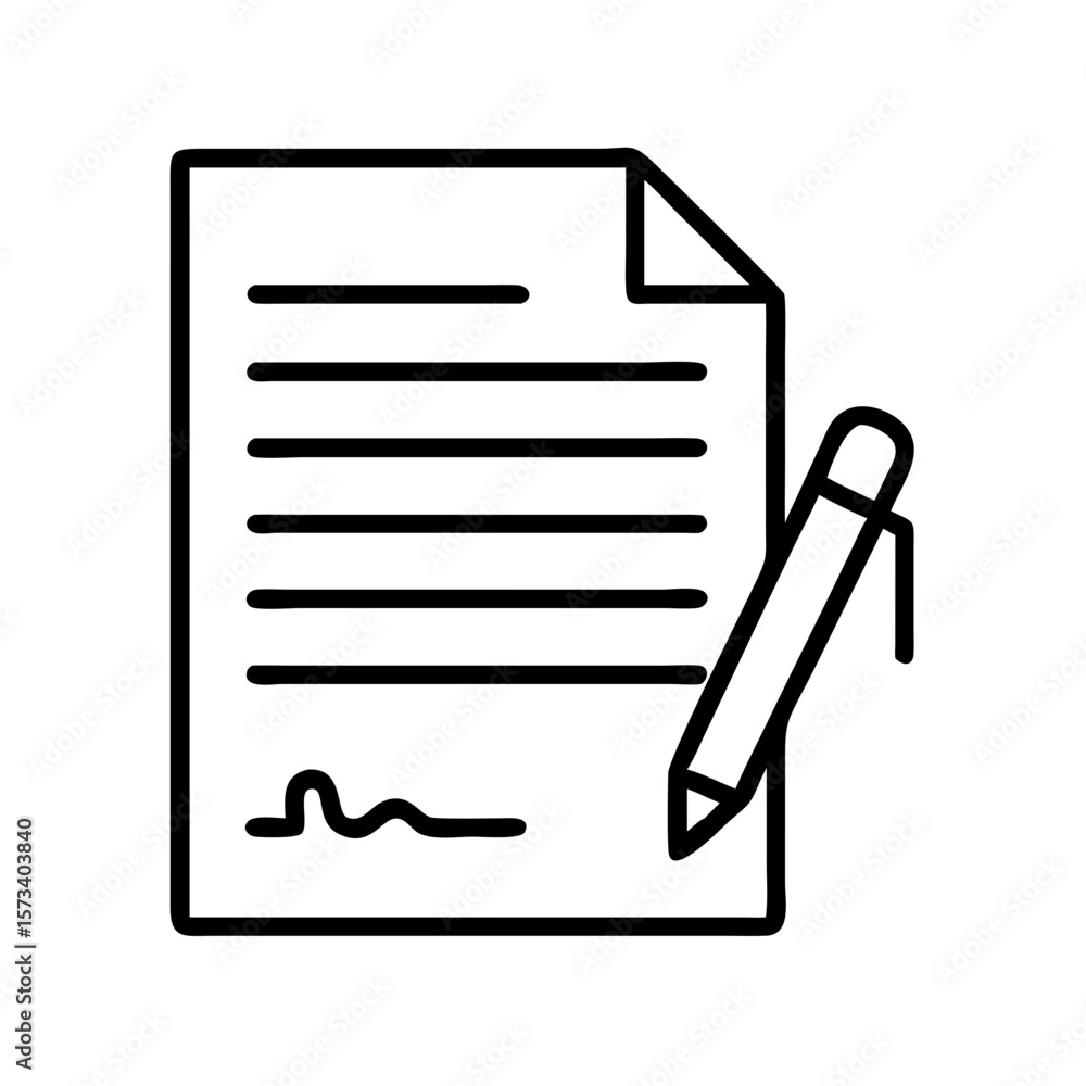 Poster document signing icon vector illustration of a paper with pen for agreement contract and signature f
