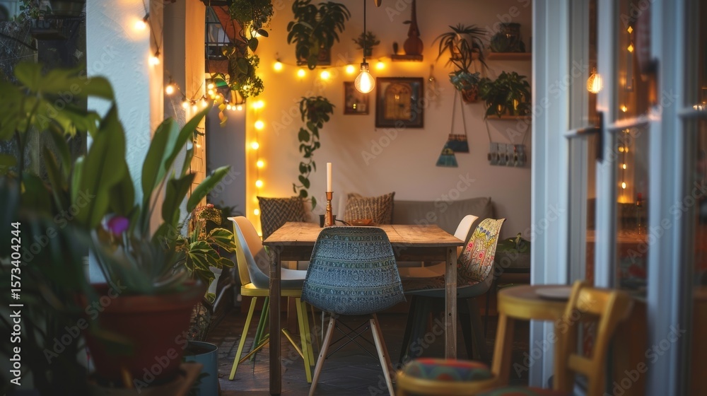 Poster a small but intimate dining nook featuring a mix of vintage and modern elements such as a reclaimed 