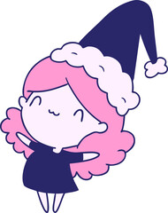 hand drawn christmas cartoon of kawaii girl in bright neon color