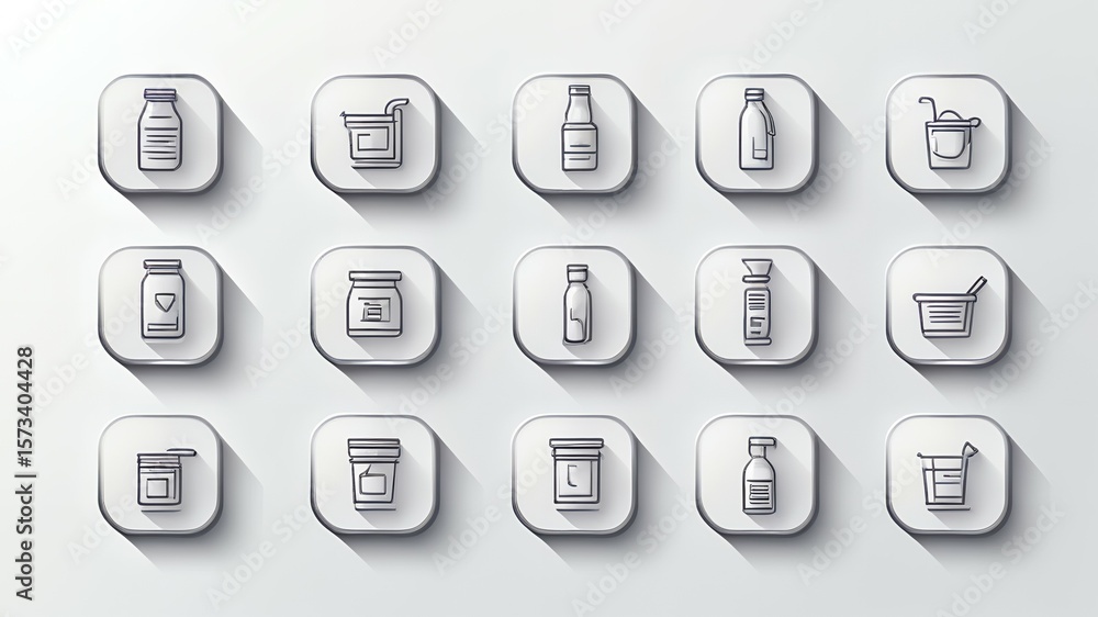 Poster a collection of outlined containers and jars in a grid pattern on a white textured background