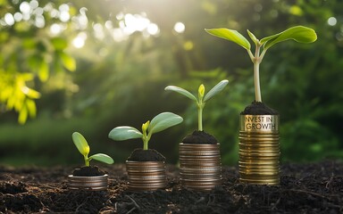 Investing in growth illustrated through seedlings sprouting from stacks of coins in natural sunlight.