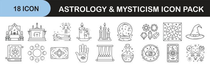 Outline icon set for astrology and mysticism symbols - Linear icons featuring mystical and astrological elements like tarot cards, crystals, zodiac signs, palmistry, altars, and magic tools.
