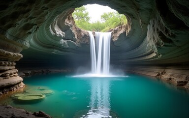 Water falling from the sky into an underground cave pool in Texas. A lake formed as a waterfall flowing from inside a cave pool. It is a beautiful natural landscape. Amazing view. High quality