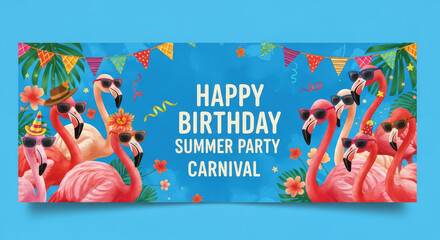 A happy birthday summer party carnival banner with flamingos