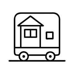 Mobile home icon, tiny house on wheels vector illustration, camping trailer outline drawing design element