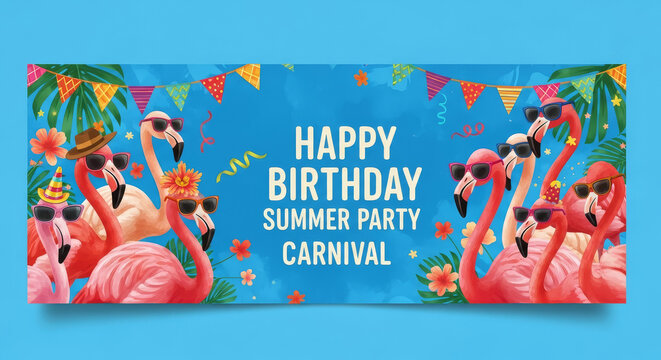 A happy birthday summer party carnival banner with flamingos