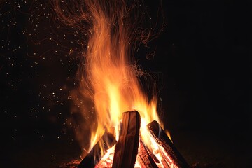 A warm campfire glows in the darkness, a bright burning blaze of wood, heat, and dancing sparks in the night air.