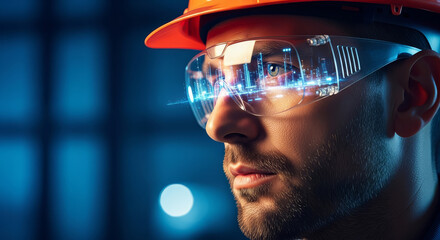 Engineer wearing safety glasses with digital city reflection