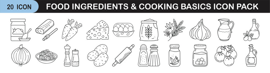 Food Ingredients and Cooking Basics Icon Set for Culinary Projects - Line icon pack of 20 illustrations featuring essential cooking ingredients and kitchen basics like spices, herbs, vegetables, oils,
