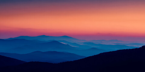 Obraz premium Silhouetted Mountain Range at Twilight – Stunning Gradient Sky with Vibrant Sunset Colors, Peaceful Layers of Hills, Serene Atmosphere, and Natural Landscape Perfect for Nature, Travel & Background Us