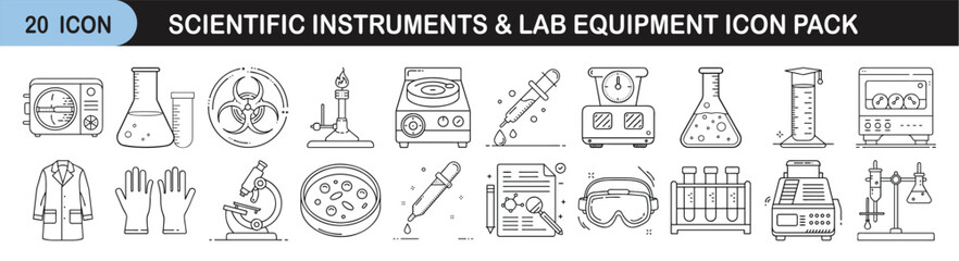 Scientific Instruments and Lab Equipment Icon Set for Research and Education - Line icon pack of 20 illustrations showing laboratory tools, scientific gear, and research equipment used in chemistry, b