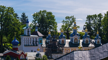 General view from above of the Holy Dormition Pskov-Pechersky Monastery, Pechory, Russia
