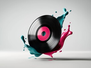 Vinyl record spinning in vibrant splashes of pink and turquoise paint, creating a dynamic visual effect that captures the essence of music and creativity in a modern artistic style