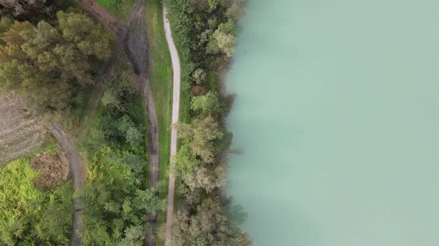 Aerial nature top down near Colico village farm Lake Como Italian Alps mountains in Lombardy