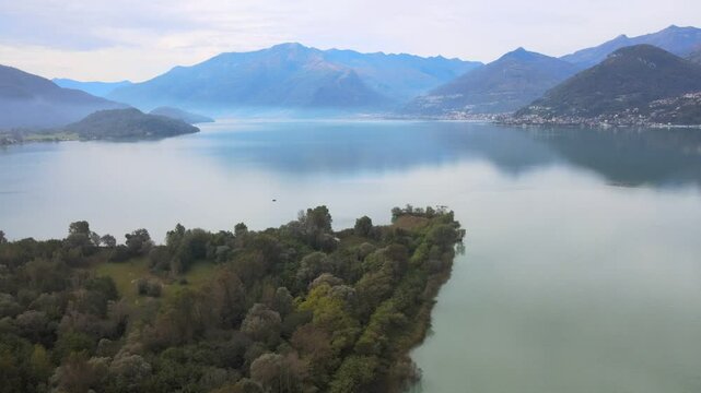 Aerial nature landscape near Colico village in Lake Como Italian Alps mountains in Lombardy