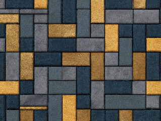 Detailed image of a close-up, angled view of a modern, interlocking cobblestone-like pattern on a wall The pattern consists of dark blue tiles with gold accents in a diagonal placement - AI-Generated