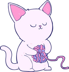 cartoon cat playing with ball of yarn in bright neon color