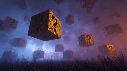 A surreal odyssey of curiosity cubes exploring the boundless unknown adorned with cryptic question marks under a celestial dreamscape