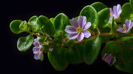 Intricately Detailed Composition of Fresh Brahmi Leaves and Exquisite Flowers with Ample Copy Space for Creative Design