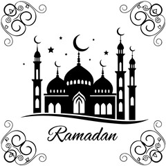 Ramadan Kareem Mosque Silhouette with Crescent Moon – Islamic Vector Greeting Design.