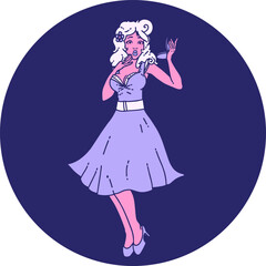 iconic tattoo style image of a pinup surprised girl in bright neon color