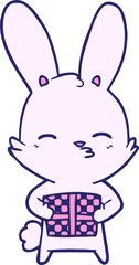 curious bunny cartoon with present in bright neon color