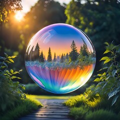 A delicate soap bubble floats in soft morning light, reflecting rainbow hues. Blurred garden, dewdrops, and golden sunlight create a dreamy, tranquil, glowing atmosphere.