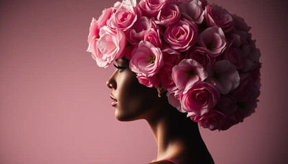 Elegant woman profile adorned with pink roses in a dreamy soft light