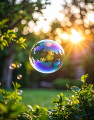 A delicate soap bubble floats in soft morning light, reflecting rainbow hues. Blurred garden, dewdrops, and golden sunlight create a dreamy, tranquil, glowing atmosphere.