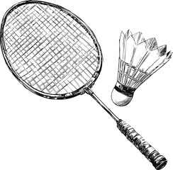 Black and white illustration of a badminton racket and shuttlecock sketch