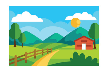 Fototapeta premium Cartoon Landscape Of A Green Pasture With A Dirt Path