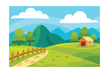 Obraz premium Cartoon Landscape Of A Green Pasture With A Dirt Path
