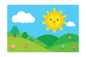 Cartoon Landscape Illustration Of A Sunny Day Rolling Hills