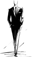 Abstract sketch of a faceless man in a black suit and tie, stylish illustration