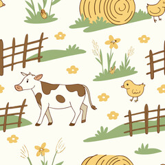 Obraz premium A seamless repeating pattern with cute cows, yellow chicks, hay bales, and picket fences on a pastoral background. Perfect for nursery wallpaper, baby textiles, or farm-themed kids’ products.