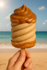 Hand holding swirl ice cream on beach