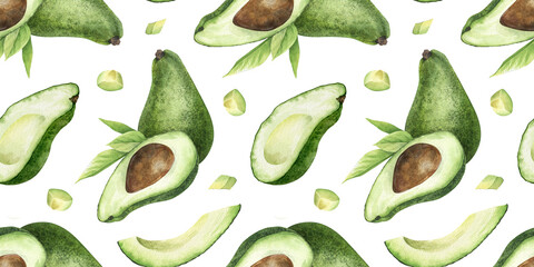 Ripe avocado whole, halves fruits, pulp and leaves watercolor seamless surface pattern design of green vegan vegetables for menu, packaging of food, cosmetics, fabrics, wrapping paper, recipe