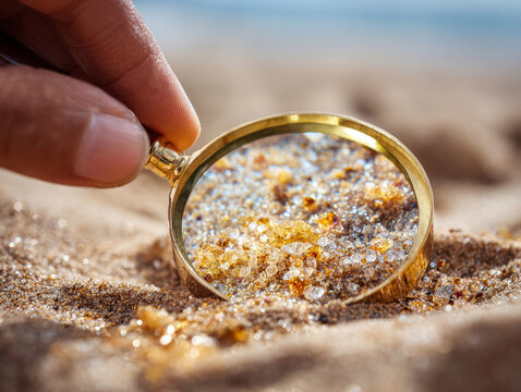 Close-up of an adult hand holding a magnifying glass over amber beads on sand, focusing on the detailed texture and inclusions through magnification Outdoor setting suggested with soft - AI-Generated