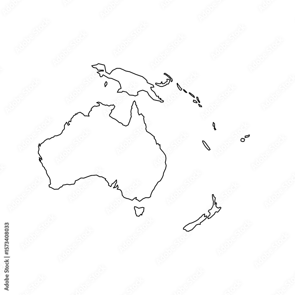 Poster a simple black silhouette outlines the map of australia and oceania. the design focuses on the conti