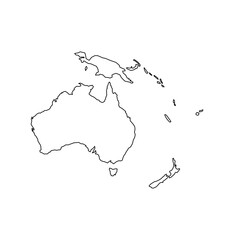 A simple black silhouette outlines the map of Australia and Oceania. The design focuses on the continental features without any additional details, making it visually striking.