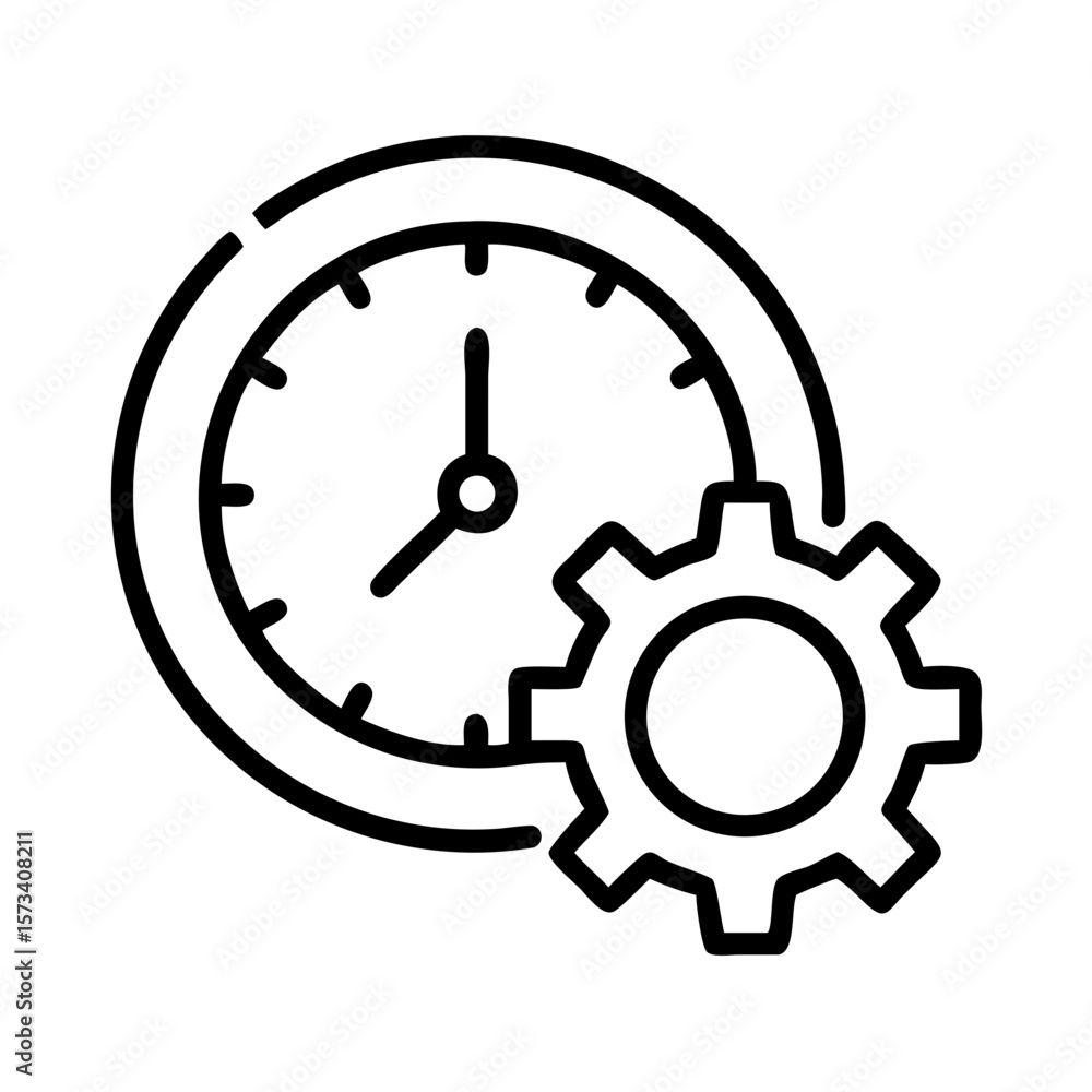 Poster clock gear icon for time management process automation and efficiency vector illustration on transpa
