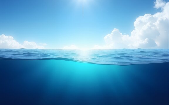 Split view horizon of blue sky with clouds and deep blue underwater ocean. Breathtaking Oceanic Panorama - with copy space to insert ads. High quality