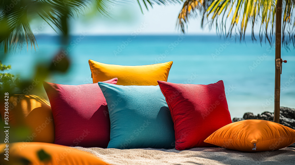 Poster beach scene with a colorful array of pillows and a palm tree. scene is relaxed and inviting, as if s