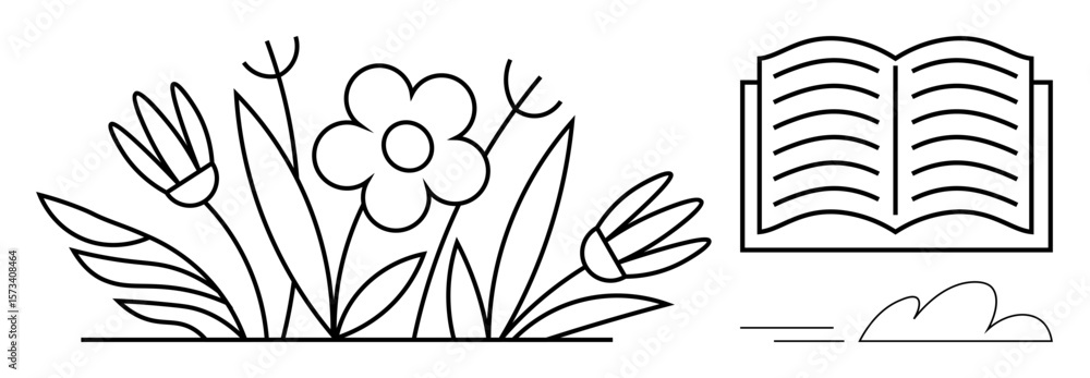 Poster flower with surrounding greenery paired with an open book, evoking learning and personal development
